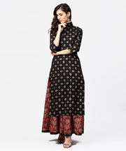 Black printed 3/4th sleeve cotton kurta with red printed flared skirt