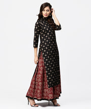 Black printed 3/4th sleeve cotton kurta with red printed flared skirt