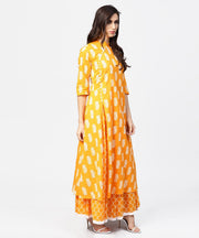 Yellow printed 3/4th sleeve cotton a-line kurta with flared ankle length skirt