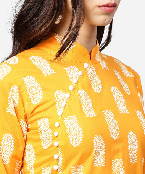 Yellow printed 3/4th sleeve cotton a-line kurta with flared ankle length skirt
