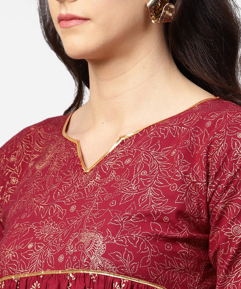 Red printed half sleeve cotton A-line kurta with sharara