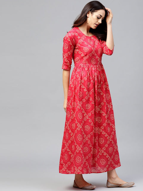 Red Printed Maxi dress with round neck and 3/4 sleeves