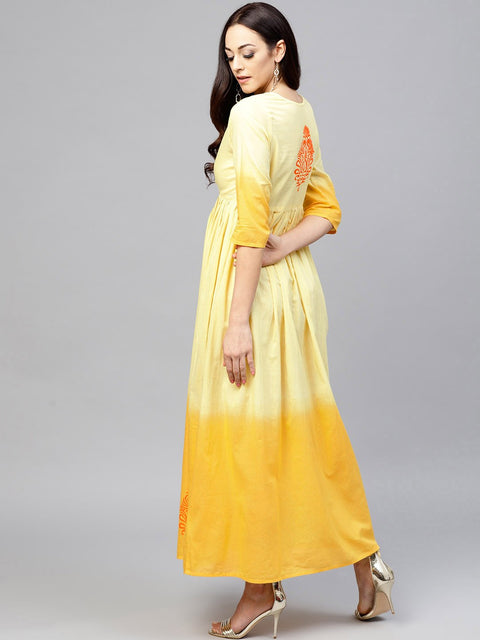 Yellow Ombre dyed maxi dress with Round neck and 3/4 sleeves