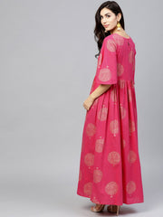 Magenta Printed Maxi dress with V-neck and Flared half slevees