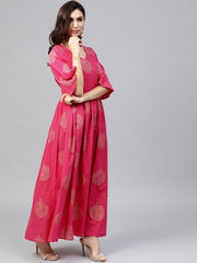 Magenta Printed Maxi dress with V-neck and Flared half slevees