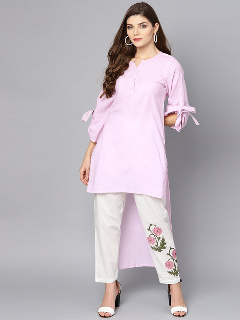 Baby pink Kurta set with White Embroidered Straight pant
