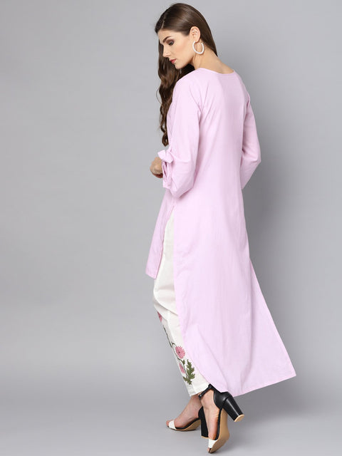 Baby pink Kurta set with White Embroidered Straight pant