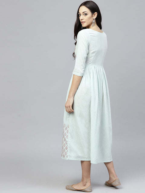 Powder Blue Block Printed Dress with Round Neck and 3/4 sleeves