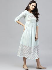 Powder Blue Block Printed Dress with Round Neck and 3/4 sleeves
