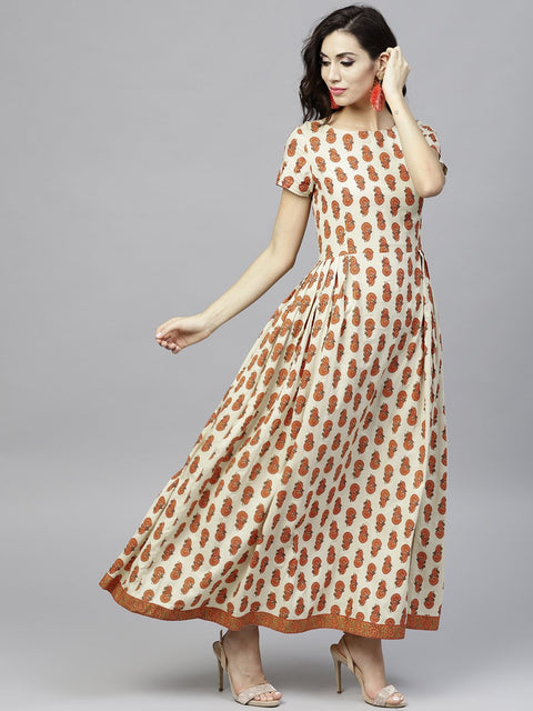Off white Printed Maxi Dress with Round Neck and Half sleeves