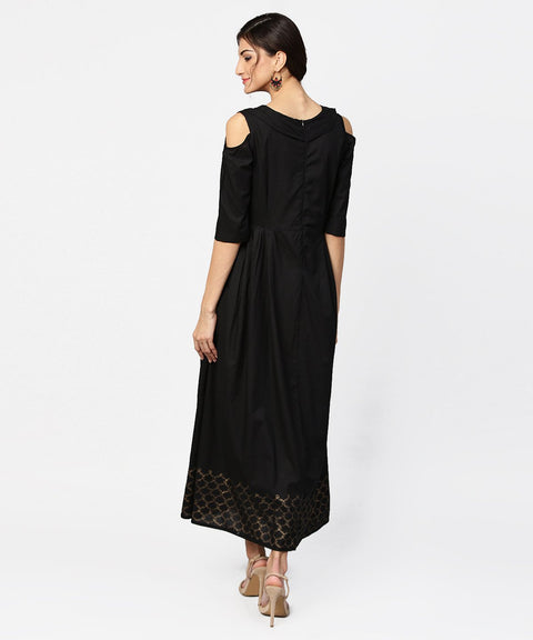 Green Block Printed maxi dress with Cape collar and Cold Shoulders