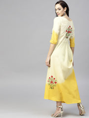 Yellow dyed Cowl Maxi dress with Round neck and 3/4 sleeves
