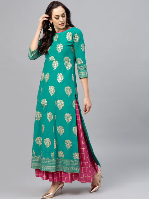 Green floral printed kurta Set with Checked Magenta skirt