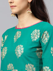 Green floral printed kurta Set with Checked Magenta skirt