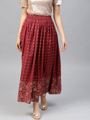 Maroon printed flared ankle length skirt