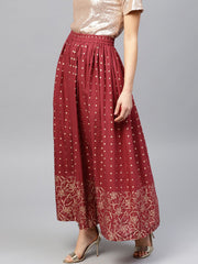 Maroon printed flared ankle length skirt