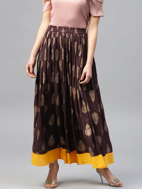Chocolate brown printed flared skirt
