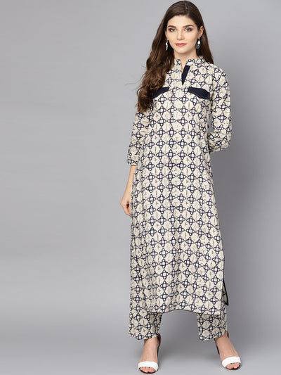Women Off White Printed 3/4th sleeve cotton kurta with ankle length Palazzo