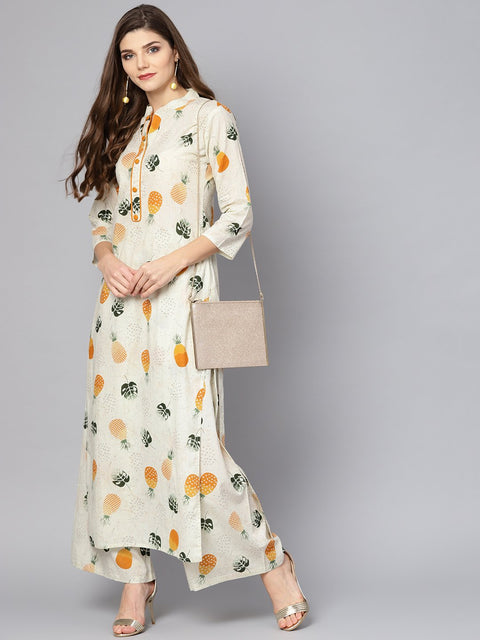 Off White 3/4th sleeve printed cotton Kurta with ankle length Palazzo