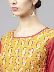 Round neck Red printed 3/4th sleeve cotton kurta set with Printed Masturd Palazzo
