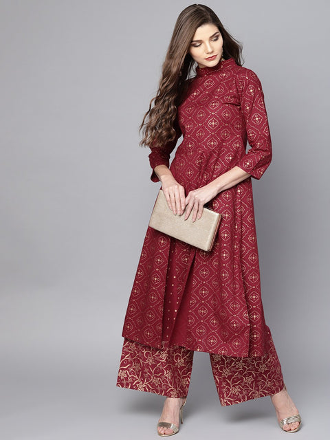 Maroon printed 3/4th sleeve a-line cotton Kurta with Printed ankle length Palazzo