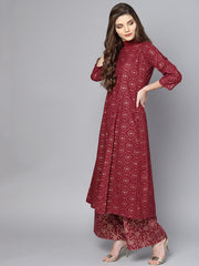 Maroon printed 3/4th sleeve a-line cotton Kurta with Printed ankle length Palazzo