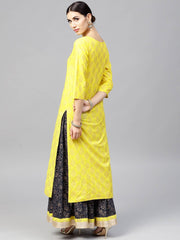 Bright Yellow printed 3/4th sleeve Kurta set with Navy Blue skirt