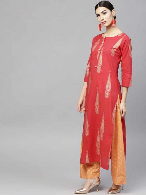 Red Printed 3/4th sleeve cotton kurta set with Peach Printed Palazzo and Dupatta