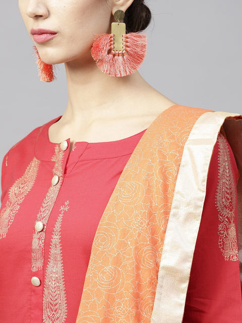 Red Printed 3/4th sleeve cotton kurta set with Peach Printed Palazzo and Dupatta