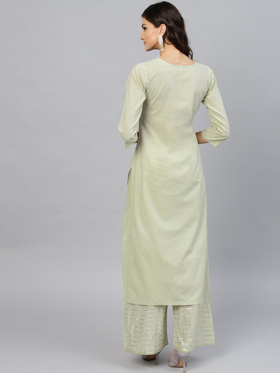 Pastel Green 3/4th sleeve cotton kurta with gotta patti work at yoke and ankle length palazzo