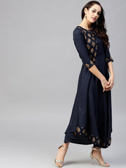Navy Blue  3/4th sleeve Printed maxi dress with round neck