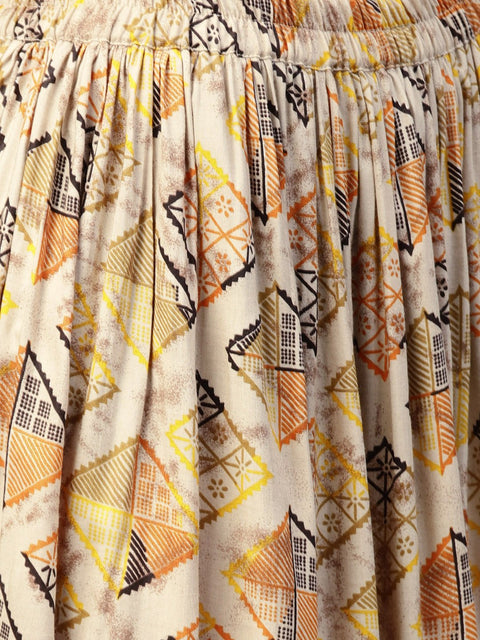 Beige printed 3/4th sleeve cotton high-low kurta with ankle length skirt