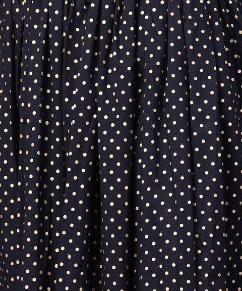 Navy blue 3/4th sleeve cotton kurta with black printed flared skirt