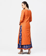 Orange printed 3/4th sleeve cotton kurta with blue printed flared ankle length skirt