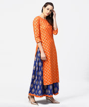 Orange printed 3/4th sleeve cotton kurta with blue printed flared ankle length skirt