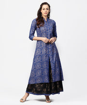 Blue printed 3/4th sleeve A-line kurta with black flared skirt