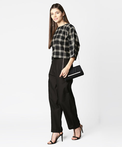Black check flared sleeve cotton top