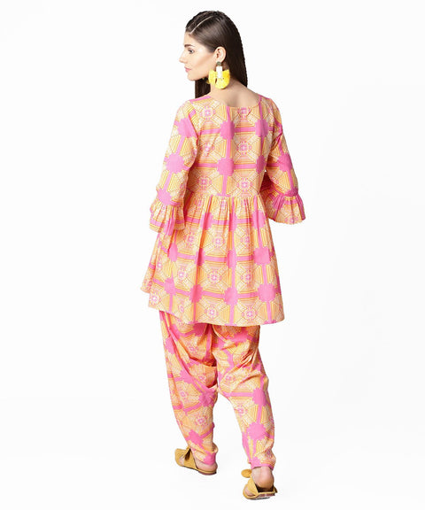Yellow & Pink 3/4th sleeve cotton kurti with ankle length salwar