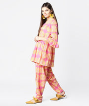 Yellow & Pink 3/4th sleeve cotton kurti with ankle length salwar
