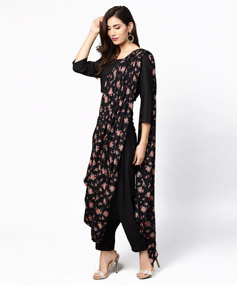 Black printed palazzo saree with 3/4th sleeve round neck blouse