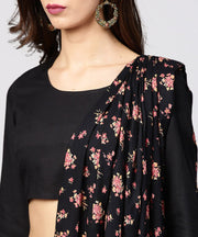 Black printed palazzo saree with 3/4th sleeve round neck blouse