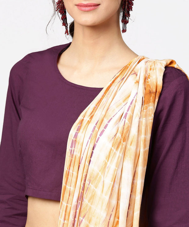 Pink printed palazzo saree with 3/4th sleeve round neck blouse