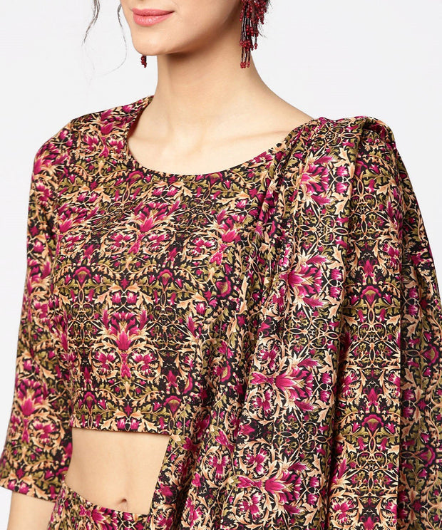 Green & Pink printed palazzo saree & 3/4th sleeve round neck blouse