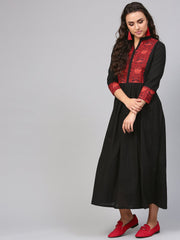 Solid Black Maxi Dress with printed Front Yoke & Madarin Collar