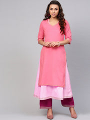 Solid pink half sleeve double kurta with ankle length palazzo