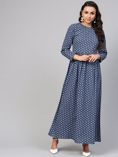 Navy Blue Printed Maxi Dress with Round Neck & Full sleeves