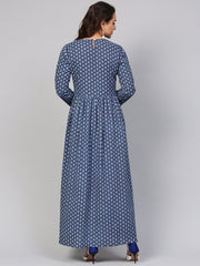 Navy Blue Printed Maxi Dress with Round Neck & Full sleeves