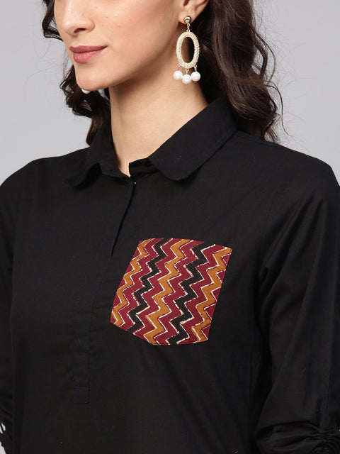Solid black kurta with shirt collar, Zig-Zag printed patch pocket and dori detailing on the sleeve