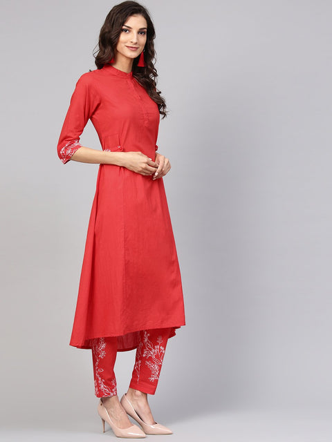 Solid Red Kurta With Detailed Printed sleeves & Pants