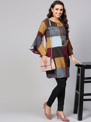 Multi-Colored Checked Tunic Key hole neck & Bell Sleeves